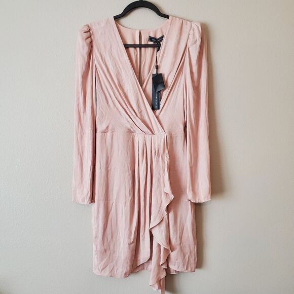 BCBGMAXAZRIA Blush Pink Floral Print Long Sleeve Faux Wrap Dress Size 2 - Picture 4 of 11